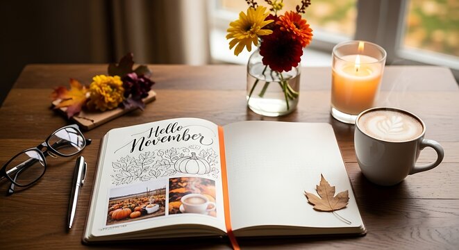 Autumnal still life with coffee journal flowers and candle on wooden table