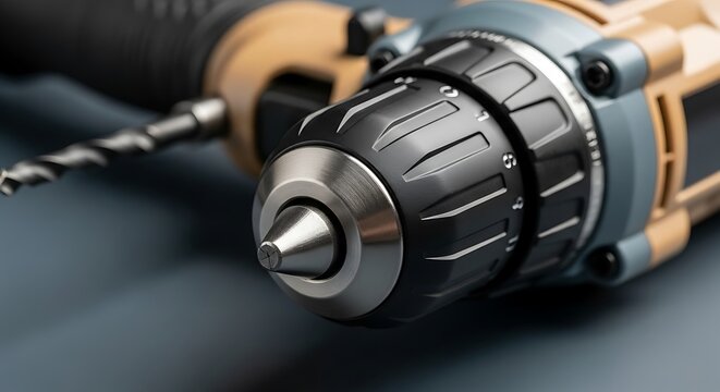 Detailed closeup of electric drill showcasing the chuck and drill bit