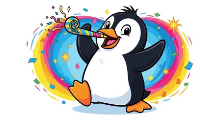 Happy penguin cartoon character celebrating with confetti and party horn for design concept