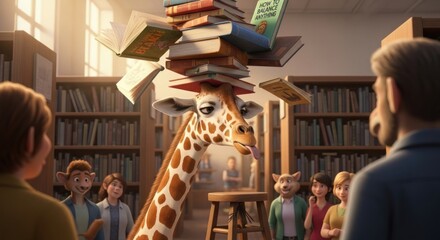 Humorous library scene featuring a giraffe balancing a stack of books for an audience