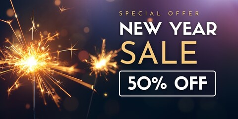 New year sale special offer with sparklers and fifty percent discount