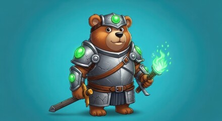Illustration of a brave bear knight holding a magical torch for fantasy concept