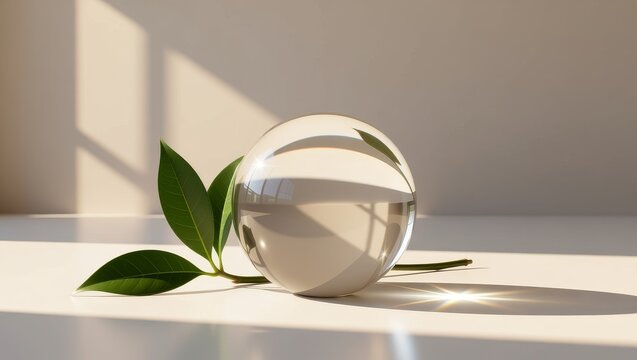 Glass sphere with green leaves and sunlight shadows - Powered by Adobe