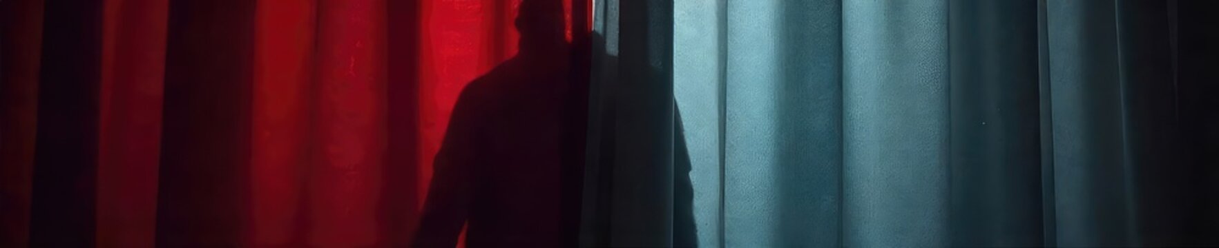 A shadowy figure concealed behind a curtain, only a glimpse of clothing visible The mystery and intrigue are palpable in this image of hidden identity , obscured, enigma
