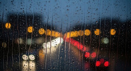 Raindrops on glass with blurred city lights in the background creating a moody atmosphere