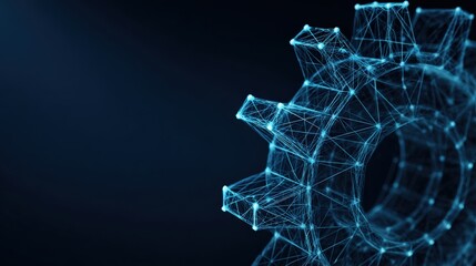 Abstract digital cogwheel in shades of blue against a dark backdrop, symbolizing the interconnectedness of technology, data. ..Created with Generative AI, not depicting real subjects.