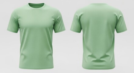 Realistic rendering of a light green crew neck t-shirt, showcasing front and back views on a