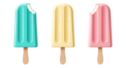 Three colorful popsicle treats with bites taken out isolated on transparent background