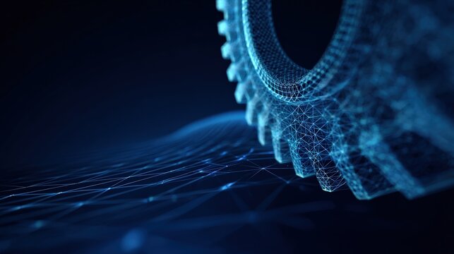 An abstract, futuristic gear, illuminated with glowing digital lines against a deep, dark backdrop. ..Created with Generative AI, not depicting real subjects.