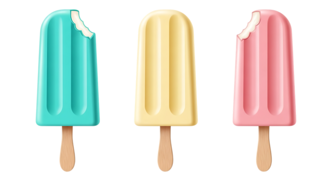 Three colorful popsicle treats with bites taken out isolated on transparent background