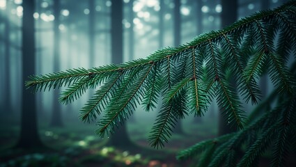 Misty forest pine branch with dew droplets