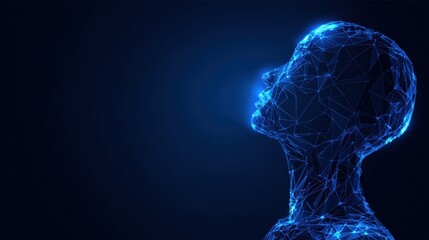 A futuristic representation of the human head, rendered in a luminous network of glowing blue particles, against a dark. ..Created with Generative AI, not depicting real subjects.