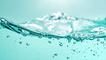 Close up of clear turquoise water with bubbles creates refreshing and calming effect. fluid motion and light reflections enhance serene atmosphere