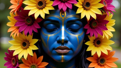 Blue face adorned with vibrant floral crown