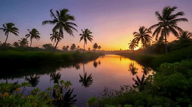 Drifting down a sun-kissed river at sunset with palm trees swaying in the gentle breeze creating pure vacation bliss in paradise
