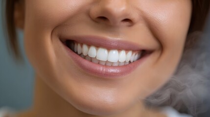 Obraz premium Close up of a woman s healthy bright white smile with delicate mist swirling around her lips