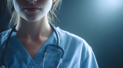Close-up of a female doctor or nurse in scrubs with a stethoscope, illuminated by a dramatic light.