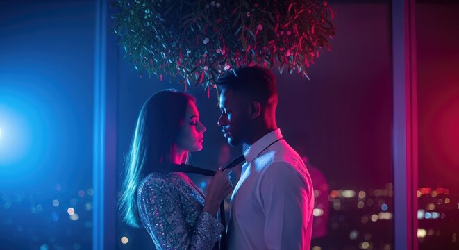 An interracial couple shares an intimate, romantic moment in a city apartment at night, illuminated by blue and red neon lights.