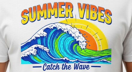 Stylish summer vibes t-shirt design featuring a vibrant wave and sun graphic
