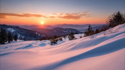 Vibrant winter sunset paints the snowcovered mountain landscape with warm hues, highlighting the serene beauty of nature