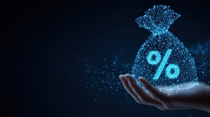 A digital representation of a money bag with a percentage symbol floating above a hand, symbolizes the concept of interest rates. ..Created with Generative AI, not depicting real subjects.