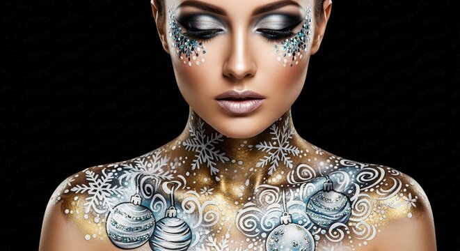 Beautiful woman with winter-themed body art featuring snowflakes and ornaments, and glamorous silver glitter makeup.