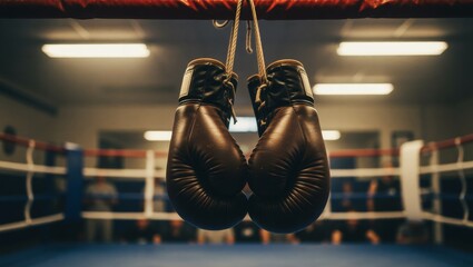 Boxing gloves hanging from ring ropes