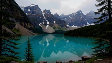 Mountain lake reflecting snowcapped peaks and pine trees