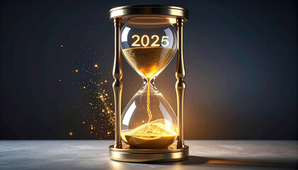 Golden hourglass with sand flowing and year 2025 glowing inside, symbolizing passage of time and anticipation for future. scene is illuminated with warm, glowing light