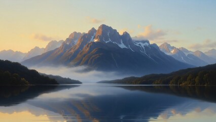 Majestic mountain lake reflection at sunrise with misty peaks.
