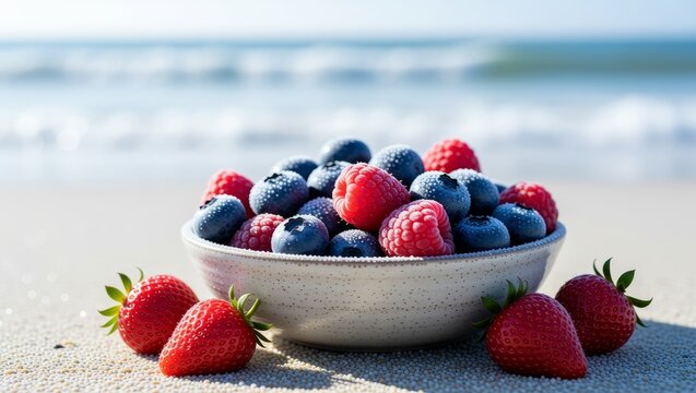Bowl of mixed berries on sandy beach - Powered by Adobe