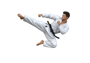 Man in martial arts uniform performing a flying side kick in mid-air isolated on transparent background