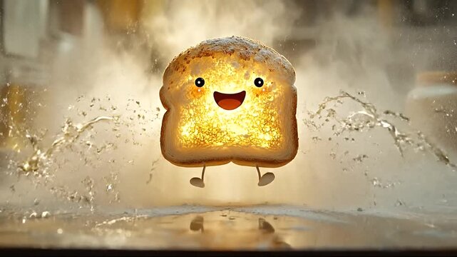 Smiling food character bursting with joy in water splash