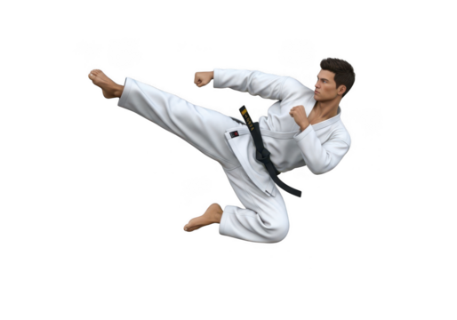 Man in martial arts uniform performing a flying side kick in mid-air isolated on transparent background