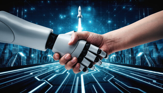 Future of Connection: A symbolic handshake between human and advanced robotics, symbolizing the future of technology and collaboration