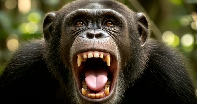 Closeup portrait of a chimpanzee showing aggression with open mouth