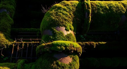 Close-up of vibrant green moss covering ancient stone structures in a dark, mysterious forest setting.