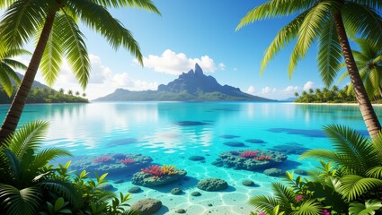 Tropical beach with turquoise water and coral reefs