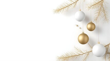 golden christmas balls hanging from fir branches on white background