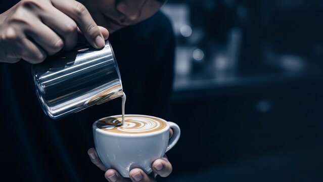 Close-up of a barista expertly pouring milk to create beautiful latte art.