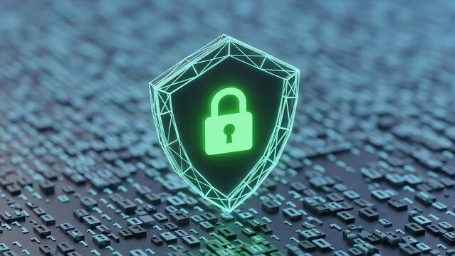 Digital security concept with glowing padlock shield on a binary code background. - Powered by Adobe