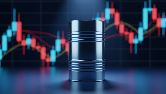 Oil barrel with financial candlestick chart background - Powered by Adobe