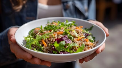 A person s hands gently hold a white bowl filled with a fresh vibrant quinoa salad featuring mixed greens and shredded carrots