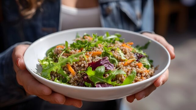 A person s hands gently hold a white bowl filled with a fresh vibrant quinoa salad featuring mixed greens and shredded carrots - Powered by Adobe