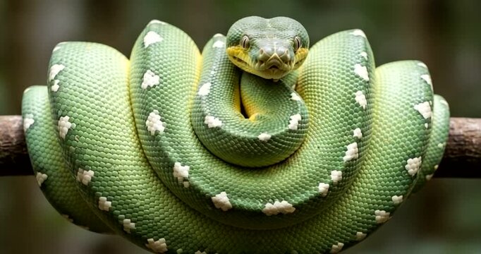 Green tree python coiled on a branch with direct gaze