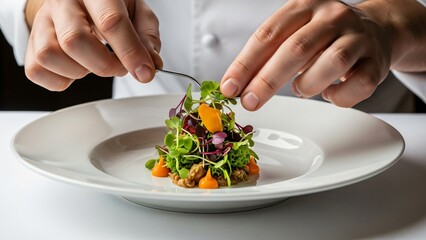 Chef hands meticulously plating a gourmet dish with fresh microgreens in a fine dining setting.
