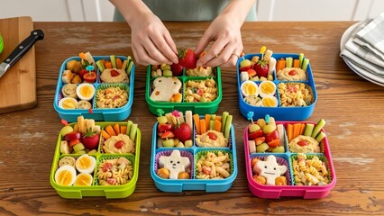 Hands preparing colorful healthy bento box lunches for children on a wooden table.