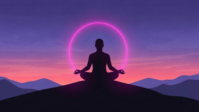 Meditating Silhouette with Neon Glow Circle Against Sunset Landscape - Powered by Adobe