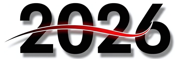 The year 2026 in bold black numbers with a dynamic red swoosh across, casting a subtle shadow on a clean white background, isolated on white background