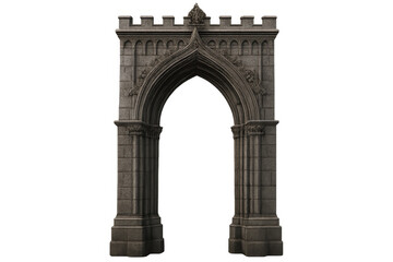 Fototapeta premium Stone gothic arch portal with crenellated top, a medieval architecture element on transparent background